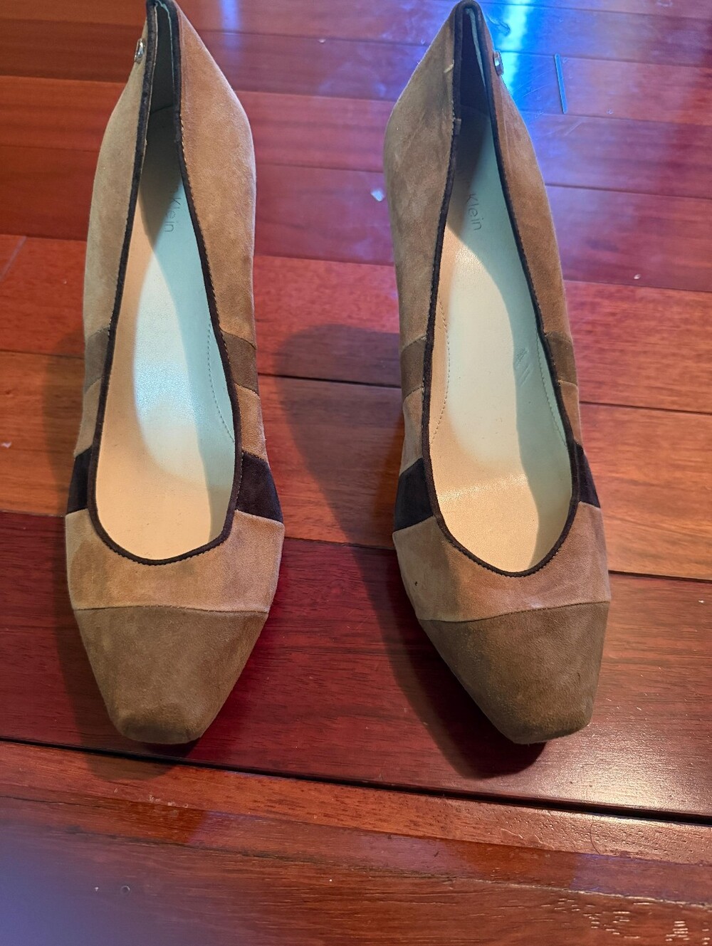 Calvin Klein Two-Tone Suede Block Heel Pumps in Tan and Dark Brown